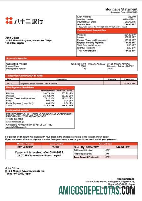 para download Modelo Word e PDF de extrato de hipoteca do Banco Hachijuni do Japão